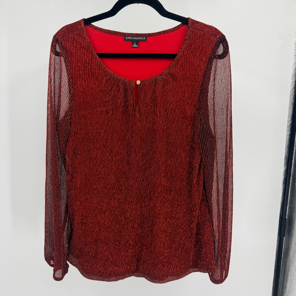 Sara Michelle Red Metallic Plisse Keyhole Blouse Long Sheer Sleeve Goth Top